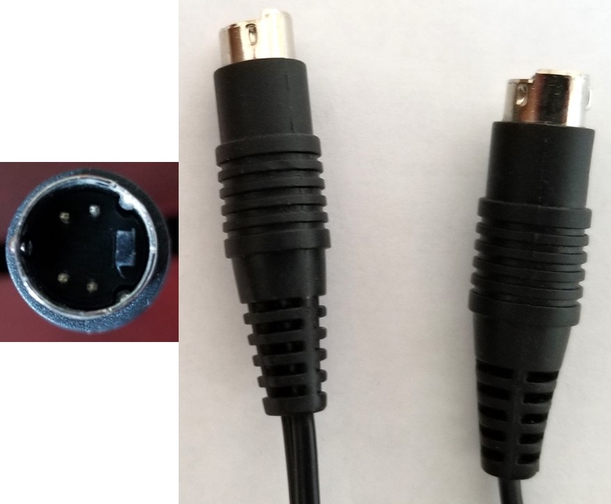 The ends of a S-Video cable and a close up image of the 4-pin arrangement found in the plug of this cable. The S-Video cable provides a better output video signal from the VCR.