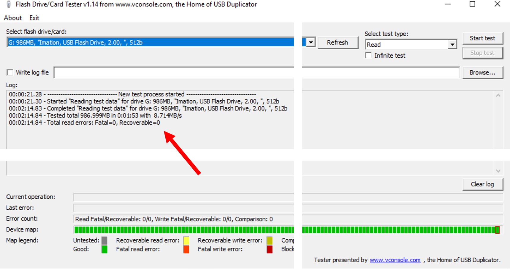 Screen capture of the Virtual Console USB analyzer software after completion. This image shows the average read speed, number of recoverable errors and fatal errors.