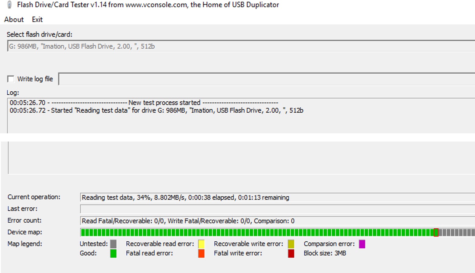 Screen capture of the Virtual Console USB analyzer software during the analysis as well as the variables being monitored.