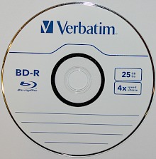 BD-R or Blu-ray recordable disc. This is a single layer 4x 25 GB disc from Verbatim and uses a copper/silicon alloy layer to store information instead of dyes.