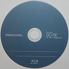 BD-RE or erasable/rewritable Blu-ray disc. This is a single-layer 25 GB disc 2x speed BD-RE from Memorex.