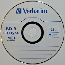 BD-R LTH or Blu-ray recordable low-to-high using a dye recording layer to store digital information. This is a single layer 2x 25 GB disc from Verbatim.
