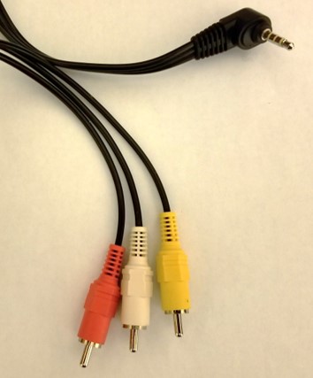 Cable used to connect a VCR to a miniDV camcorder in order to convert the VHS videotape to digital. The single plug connects to the camcorder and the red, white, and yellow plugs connect to the VCR.