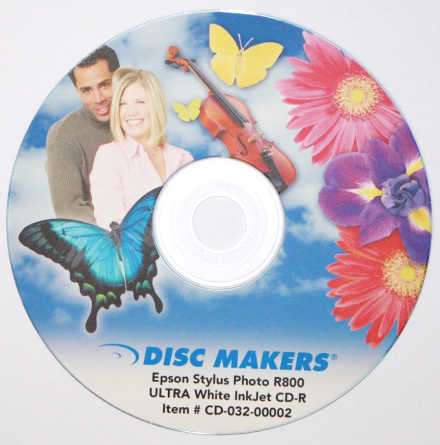 A CD with a color inkjet printed label. A special inkjet printer is required as well as optical discs with a special top coat designed for accepting the ink from the printer.