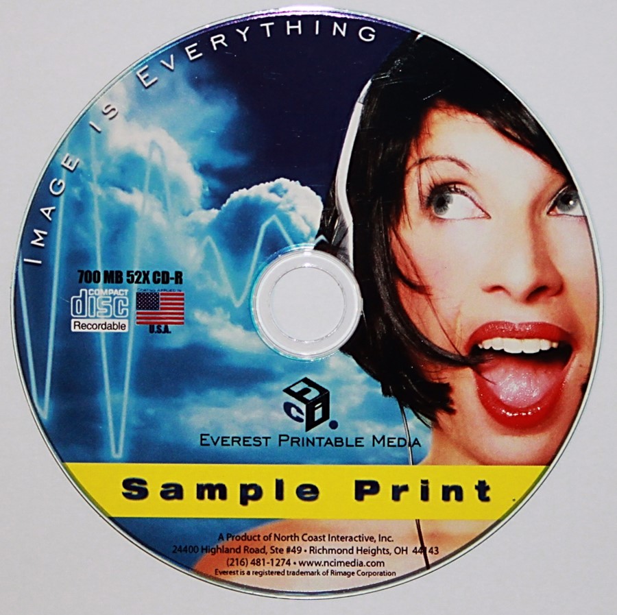 A CD with a thermal printed color label. A special thermal printer is required, but no special requirements for the discs are needed. These labels are professional looking and very durable.