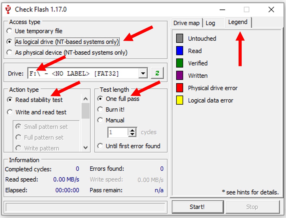 Screen capture of Check Flash software for analyzing USB flash drives and other flash storage media. The parameters prior to analysis are highlighted.