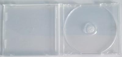 A clear CD jewel case. The tray of this jewel case is made of polystyrene and is believed to be inert towards discs.
