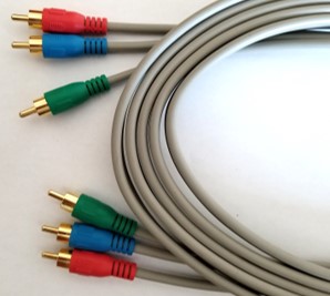 A component video cable showing the red, blue, and green plugs. Most VCRs do not have outputs that can accommodate this video cable.
