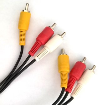 A composite cable used to transfer VHS to digital. The red and white plugs are for the audio signal and the yellow plug is for the video signal.