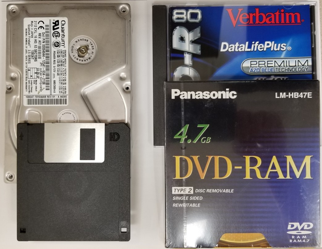 Image of a hard disk drive, 3.5 inch floppy disk, DVD-RAM disc, and CD-R disc or recordable CD.