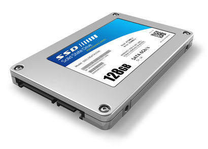 A solid state hard drive or solid state drive (SSD) for storing data. This storage device uses flash memory chips for information storage.