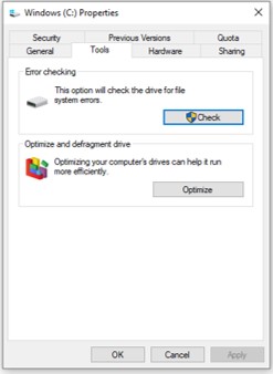 A screen capture of the Tools tab in the Properties window where the defragment hard drive process can be found.