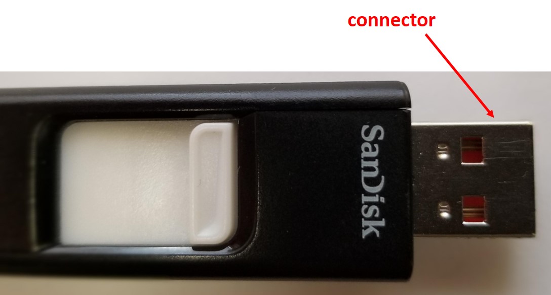 USB flash drive or USB memory stick or thumb drive with the connector portion indicated.