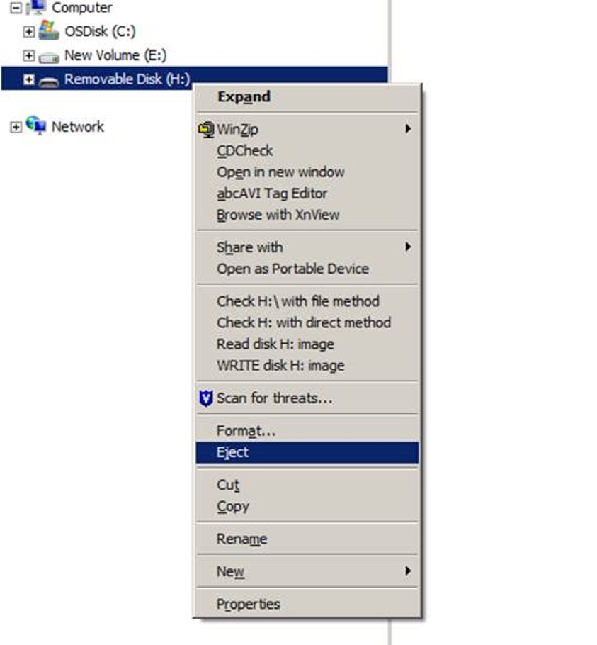 In Windows, to safely eject a USB device from the computer, RIGHT CLICK on the USB flash drive in Windows Explorer and click on the EJECT option.