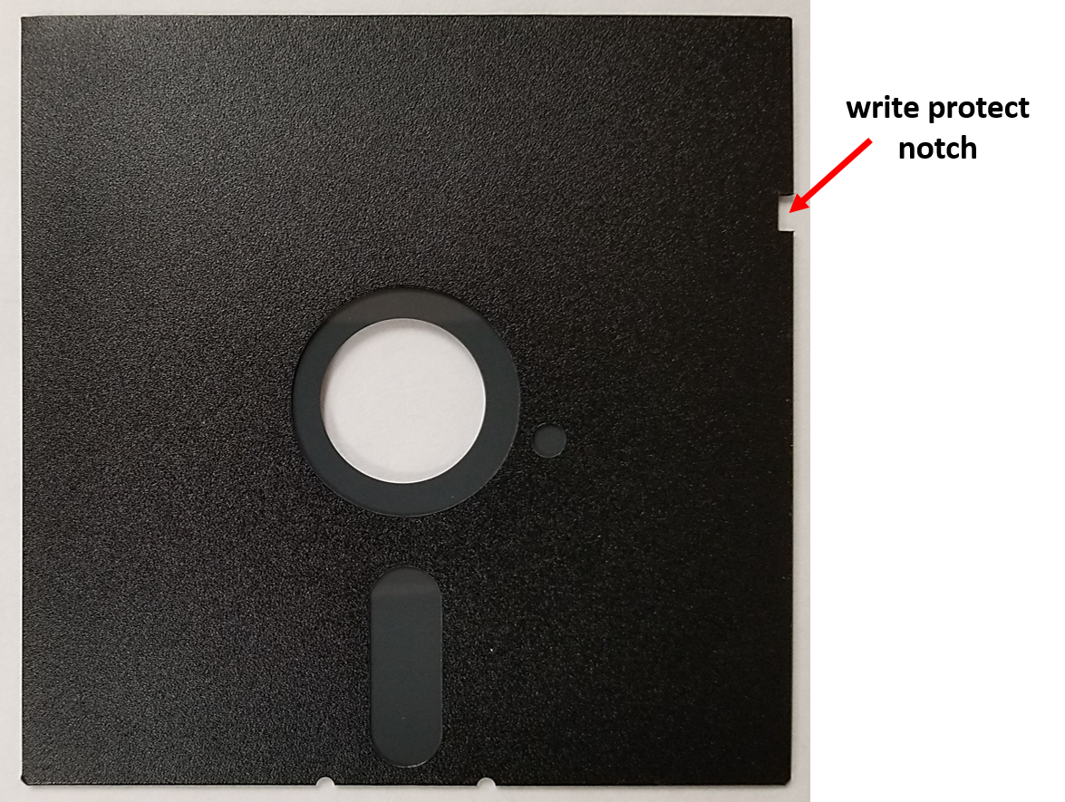 Write protect notch in a 5.25-inch floppy disk jacket. To protect the disk from being erased or written to, this notch is covered with adhesive tape.