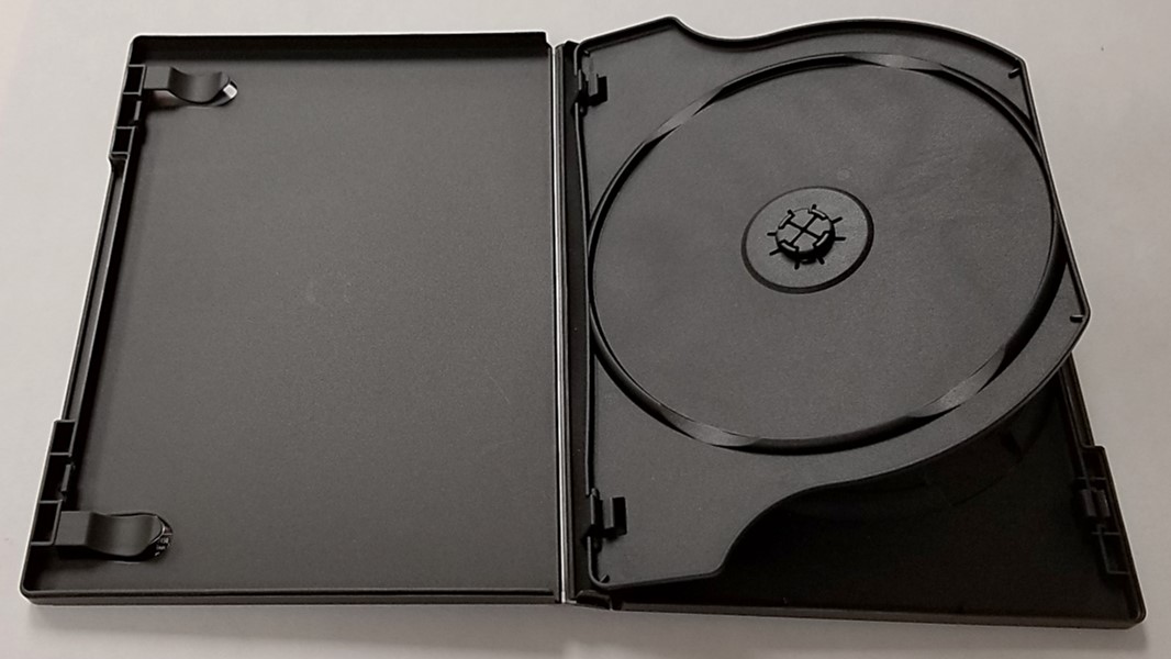 2 CD Amaray case for storing optical discs. The tray pivots at the spine of the case, similar to a page in a book.