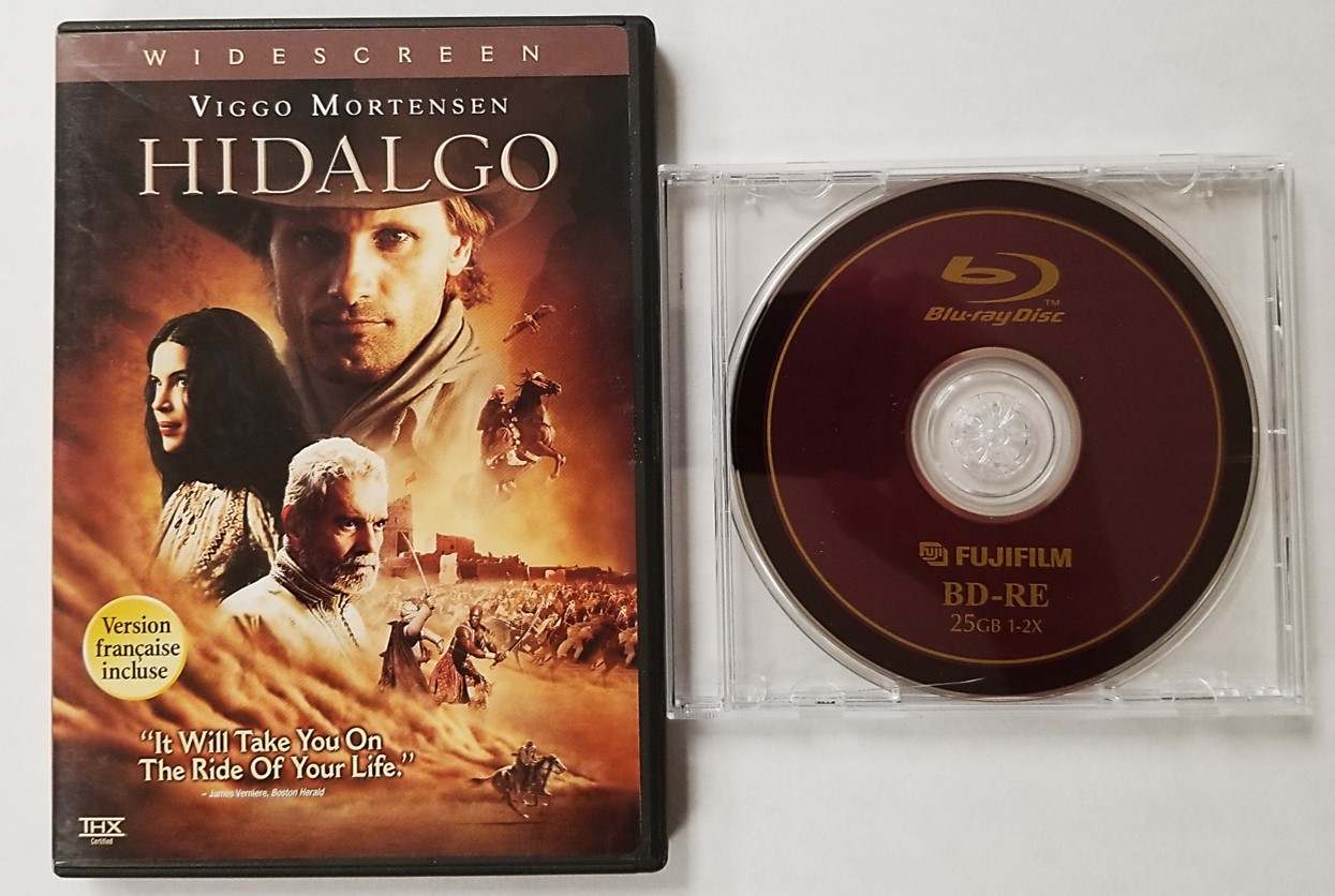 Hidalgo Blu-ray movie disc stored in an Amaray case. A BD-RE or rewritable Blu-ray disc from Fujifilm stored in a jewel case as recommended.