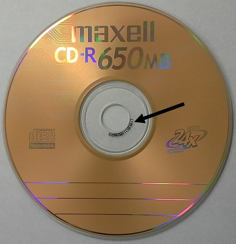 Serial number on the clear hub of a Maxell CD-R disc. These numbers can be used to label a disc by cross-referencing with information stored in a database or text file.