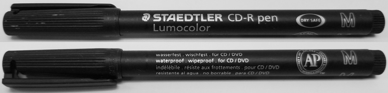 CD or DVD marking pen by Staedtler. This type of marker uses permanent ink and is used to label CDs, DVDs, and Blu-ray recordable media in order to identify the contents recorded on the disc.