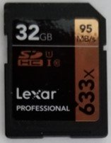 A Lexar 32 GB SDHC card or Secure Digital High Capacity card used to provide additional storage in SLR digital cameras.