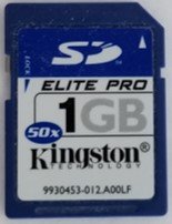 A Kingston 1 GB capacity SD or Secure Digital card. This flash card is used in digital SLR cameras to provide more storage capacity for the camera.