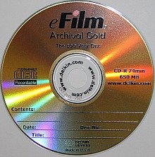 A gold archival cd-r or recordable cd for long term digital storage. This disc is from Delkin eFilm and is a rebranded MAM gold disc.