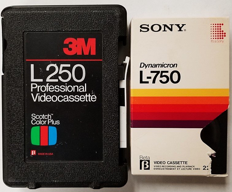 Sony Betamax L-250 and L-750 videotape formats found in a rigid plastic case and a paper jacket.