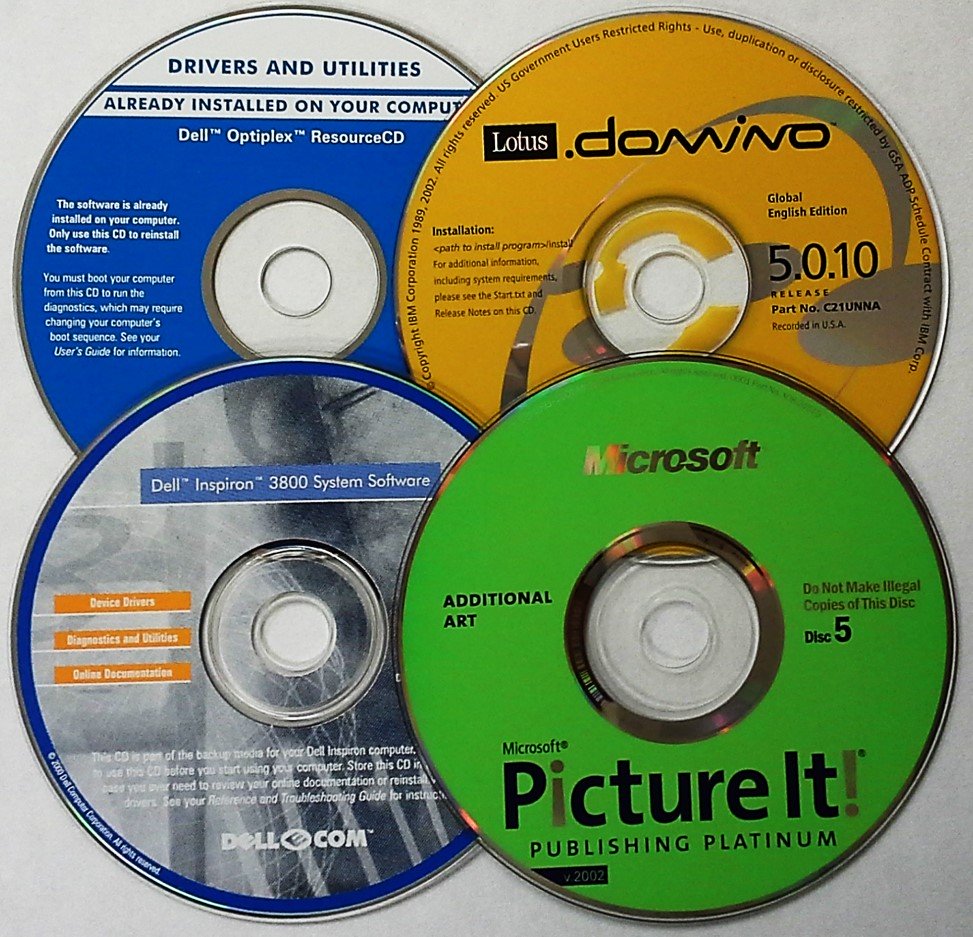 A variety of CD-ROM or compact disc read only memory discs that can be used to store software, videos, pictures, and other digital content.