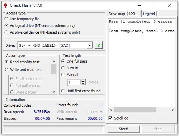 Screen capture of Check Flash software after completion of the analysis of a USB memory stick. The average read speed and the amount of errors are indicated.