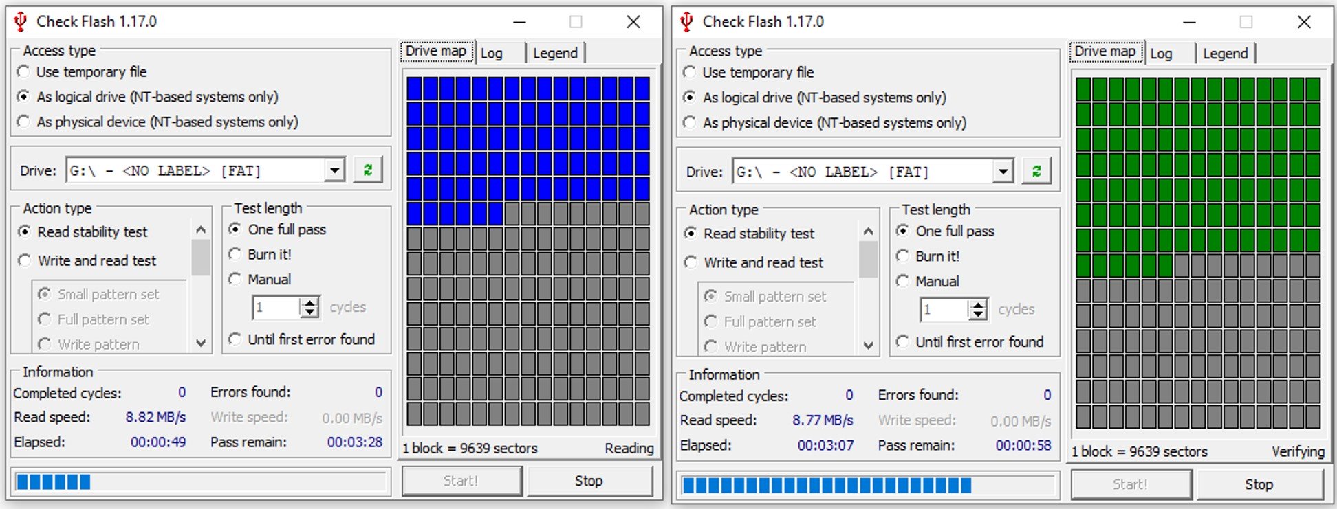 Screen capture of Check Flash software during an analysis of a USB flash drive and showing the blocks being read (in blue) and verified (in green).