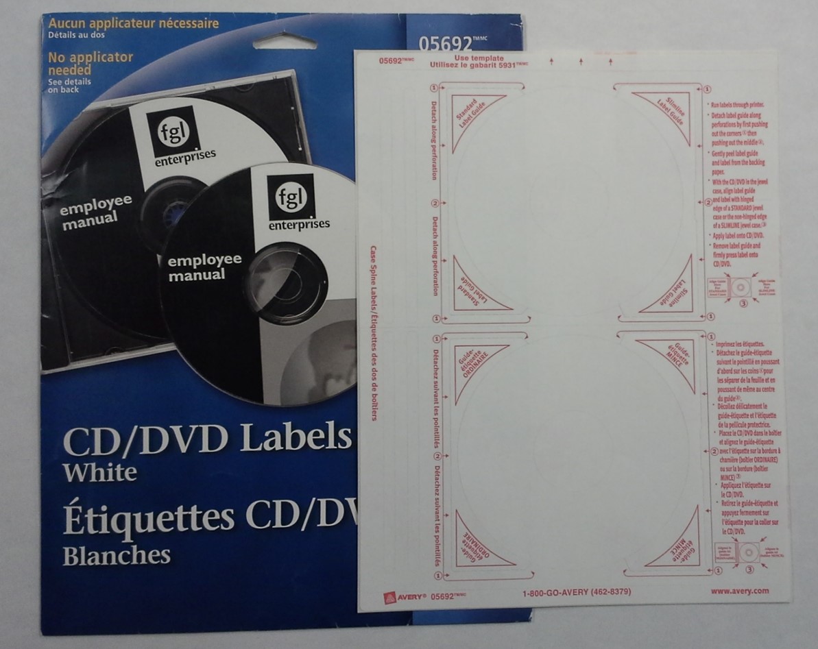 Circular CD and DVD adhesive labels by Avery, used to label optical discs in order to identify the contents recorded on the disc.