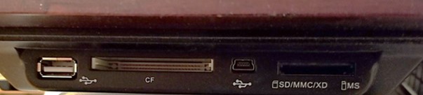 Side view of a digital frame showing connections such as the USB port, Compact Flash (CF) card slot, Secure Digital (SD) card slot and more.