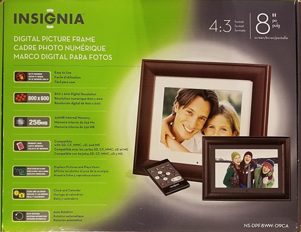 Digital photo or picture frame from Insignia. This is an 8 inch frame in 4:3 format, 800x600 resolution, 256MB internal memory, and many other features.