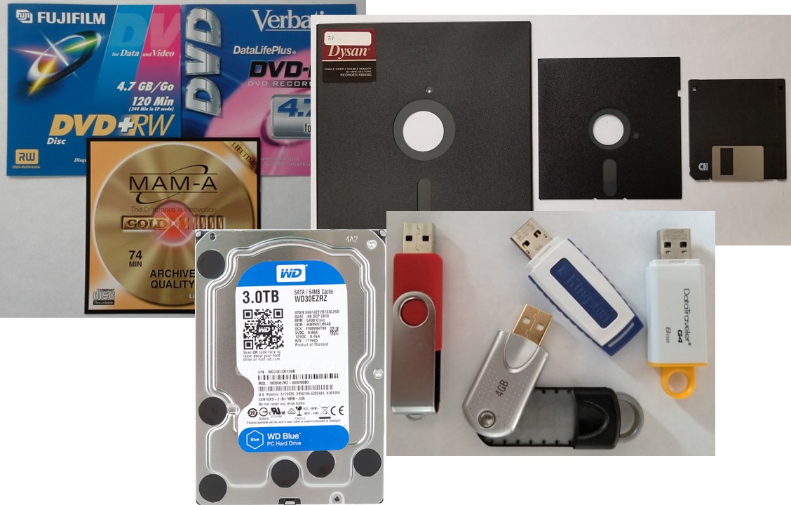 Assorted digital storage media such as optical discs, floppy disks, hard disk drive, and flash media.