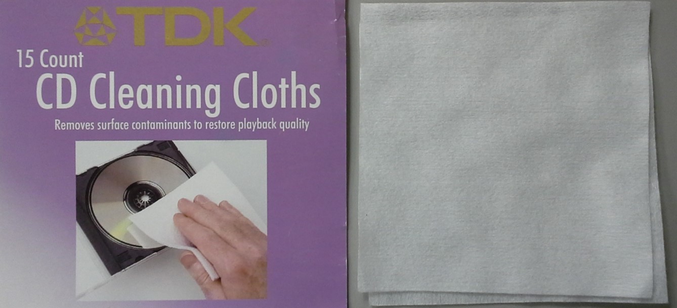 Optical disc cleaning cloths from TDK. These cloths are non-abrasive and non-lint producing and are used to remove debris from CDs, DVDs, and Blu-rays, without causing scratches.