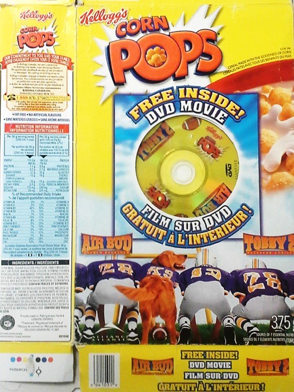 Free DVD movie give away of Air Bud or Tobby 2 with the purchase of Kellogg's Corn Pops breakfast cereal. The DVD is incorporated in the front packaging of the cereal box.