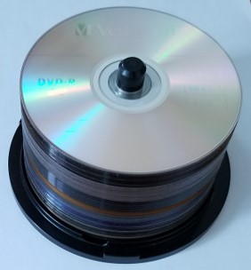 A spindle of DVD-R or recordable DVDs ready to be used in DVD duplication.