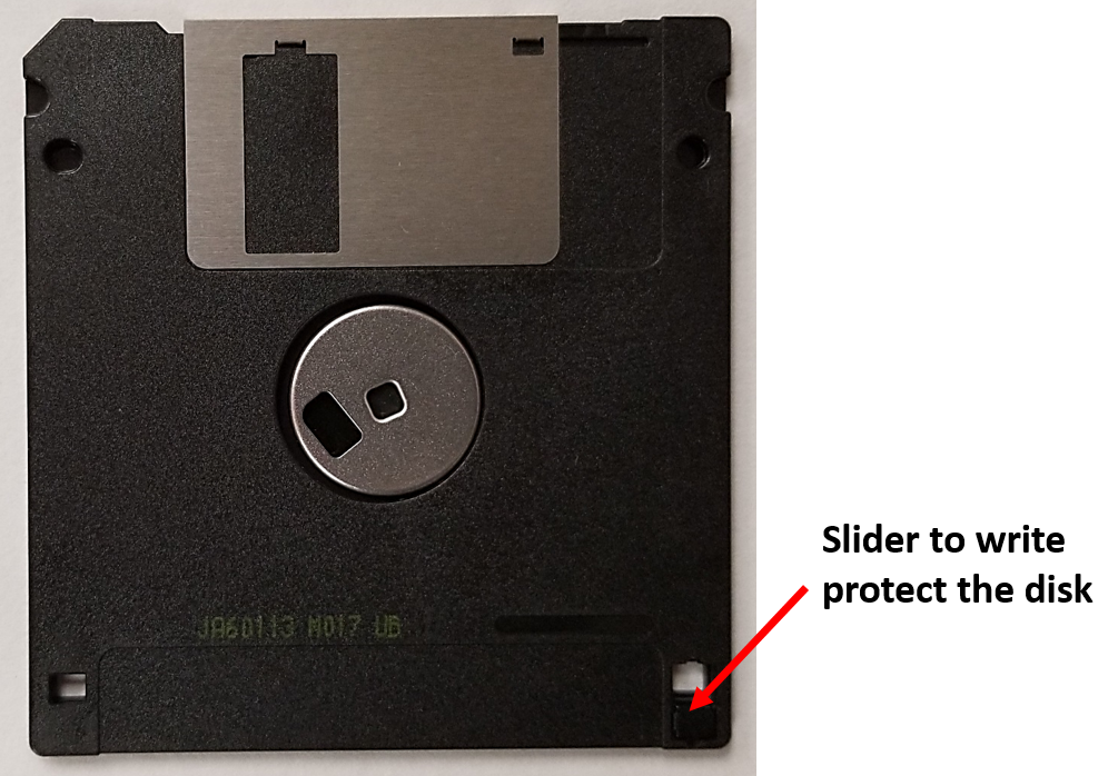 Write protect slider in a 3.5-inch floppy disk jacket. To protect the disk from being erased or written to, this notch slides and covers up the hole.