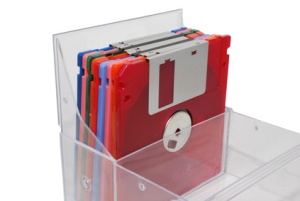 Floppy disk plastic storage box for the vertical storage of 3.5-inch diskettes. This box offers physical protections and helps keep out dust and debris.