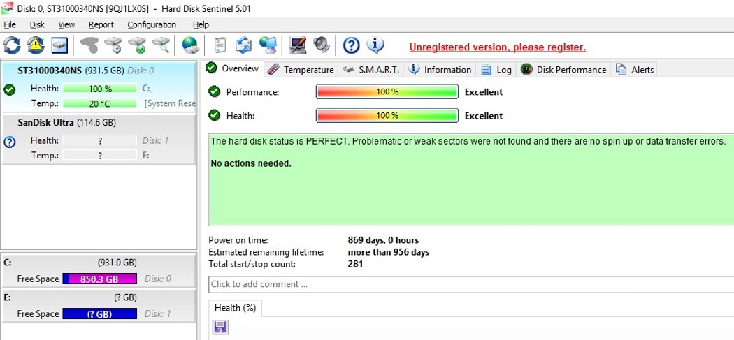 Hard Disk Sentinel software for monitoring the health and performance of hard disk drives. Shown is the Overview tab.