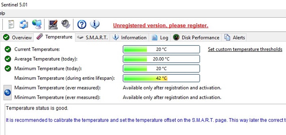 Temperature tab of Hard Disk Sentinel showing the current, average, and maximum temperatures experienced by the hard drive.