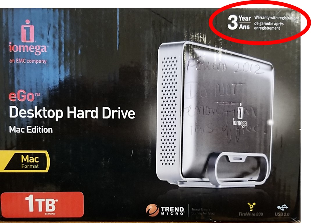 A box for an external hard disk drive from Iomega. Circled is the 3-year warranty statement for this hard drive. This length of warranty indicates it is not a cheap hard drive.