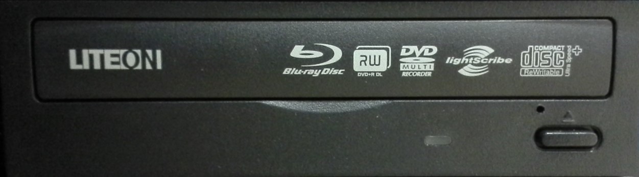 A photo of the front of a LITEON recordable optical drive that is LightScribe enabled and showing the LightScribe logo as well as other drive capabilities.