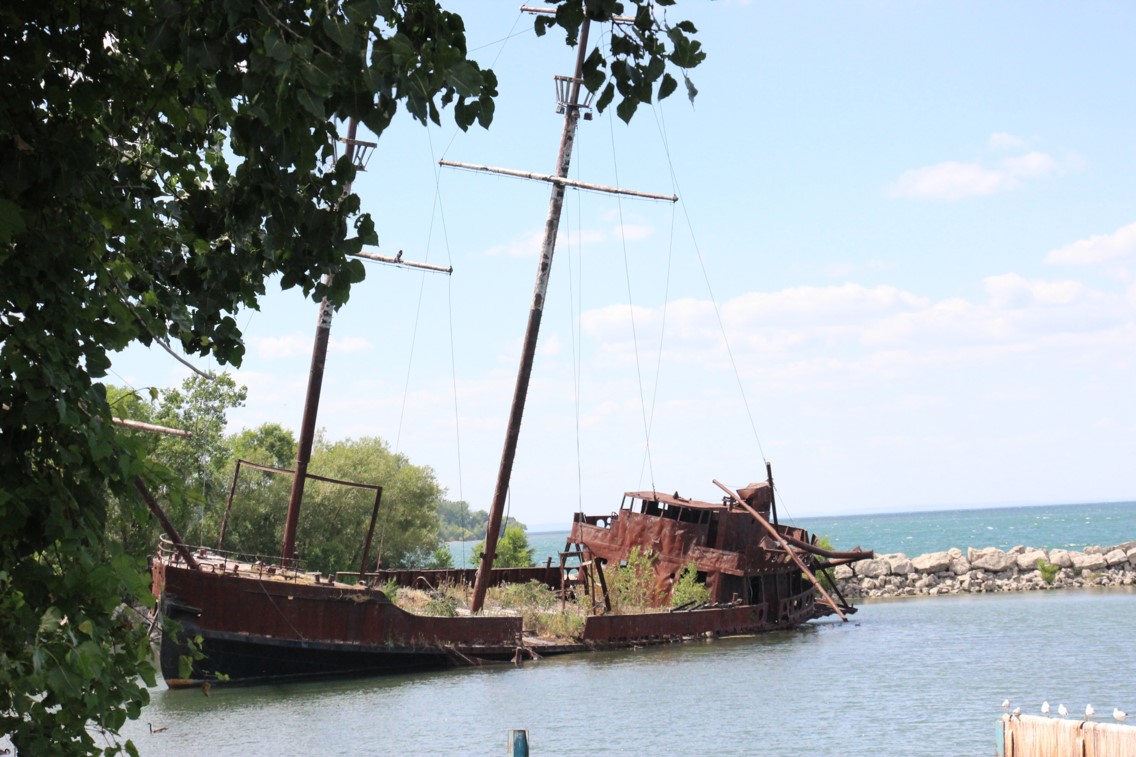 Digital picture of an old abandoned pirate type ship (La Grande Hermine) on the western shore of Lake Ontario close to Niagara Falls in Ontario, Canada.