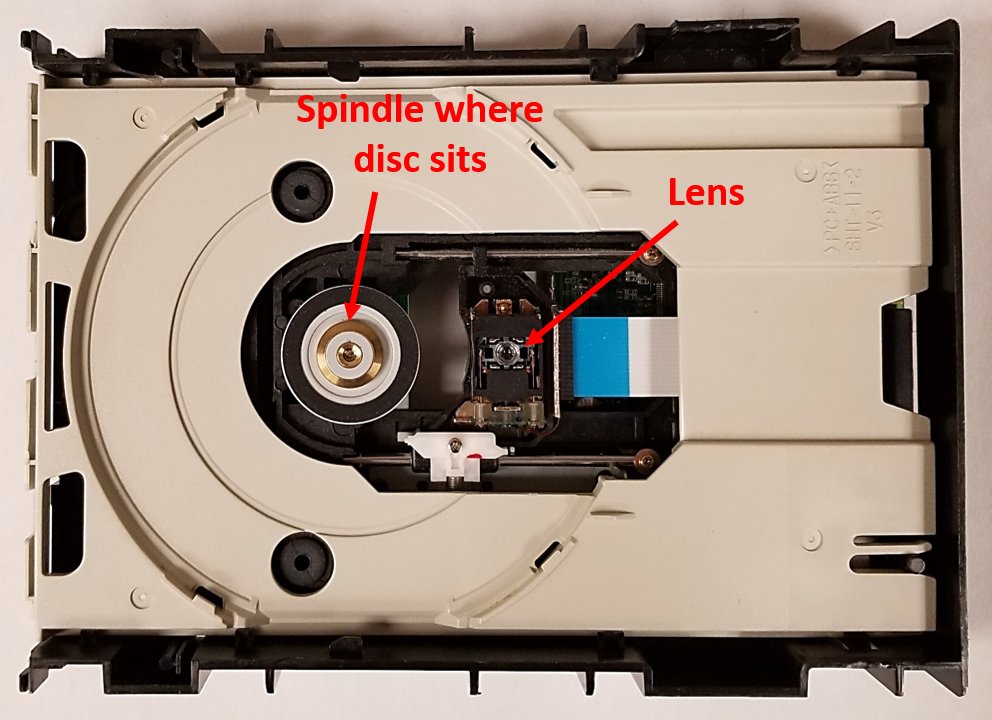 CD disc drive without the top cover. The spindle, which holds and spins the disc, and the lens are labeled. The laser diode can be found underneath the lens.