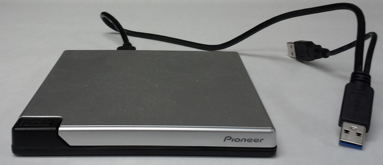 A USB external optical drive from Pioneer. This drive is a Blu-ray drive that can read  Blu-ray discs and read/record the various CD and DVD formats including read-only, recordable, and erasable.