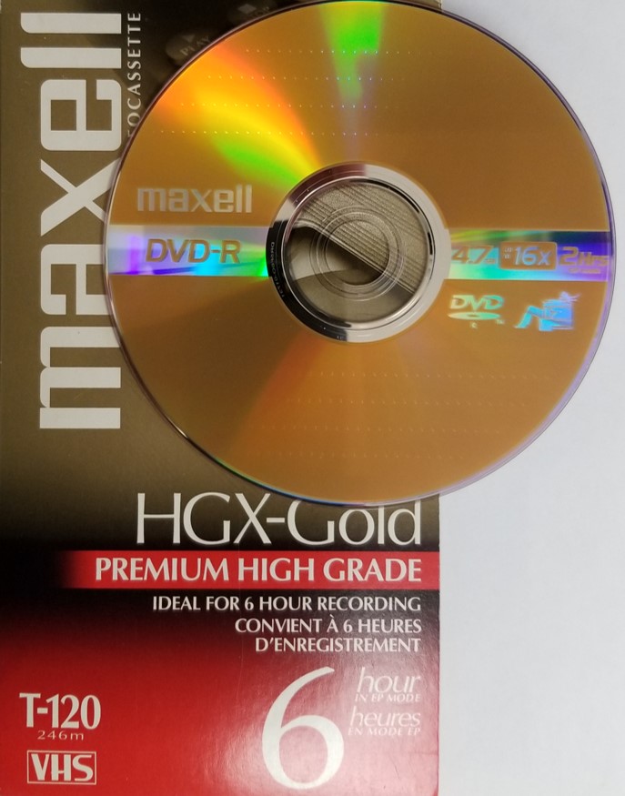 VHS video tape and DVD-R disc that are used to digitize video with VHS to DVD recorders.